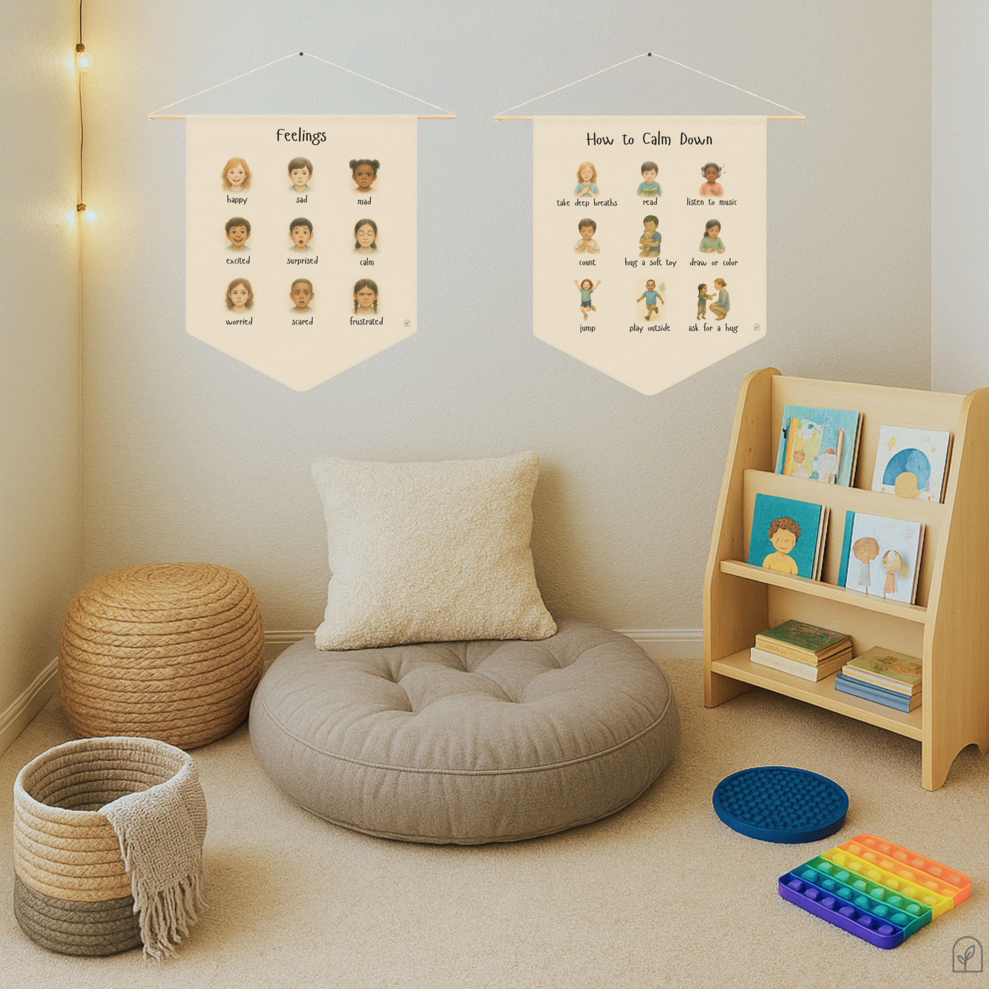 Calm down corner setup with feelings poster and calming tools for kids
